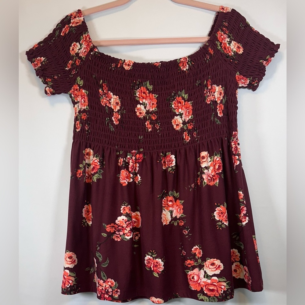 Love Streak Junior Burgundy Flowered Shirred Top